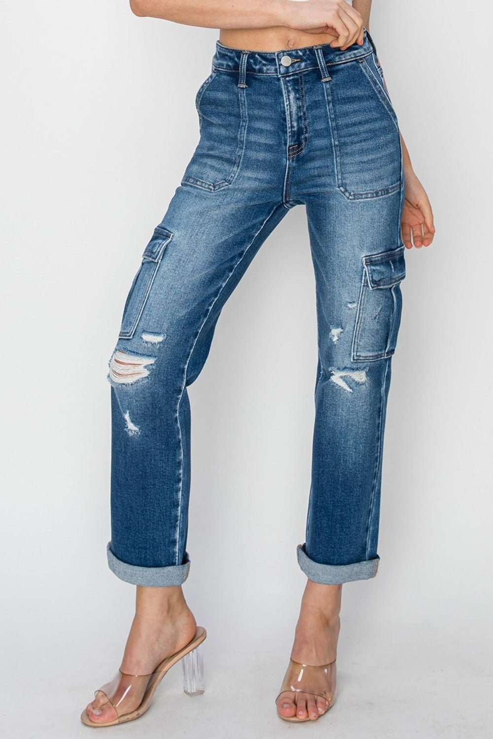 RISEN Full Size High Rise Cargo Ankle Roll Up Straight Jeans - Jeans - Dark - Bella Bourget