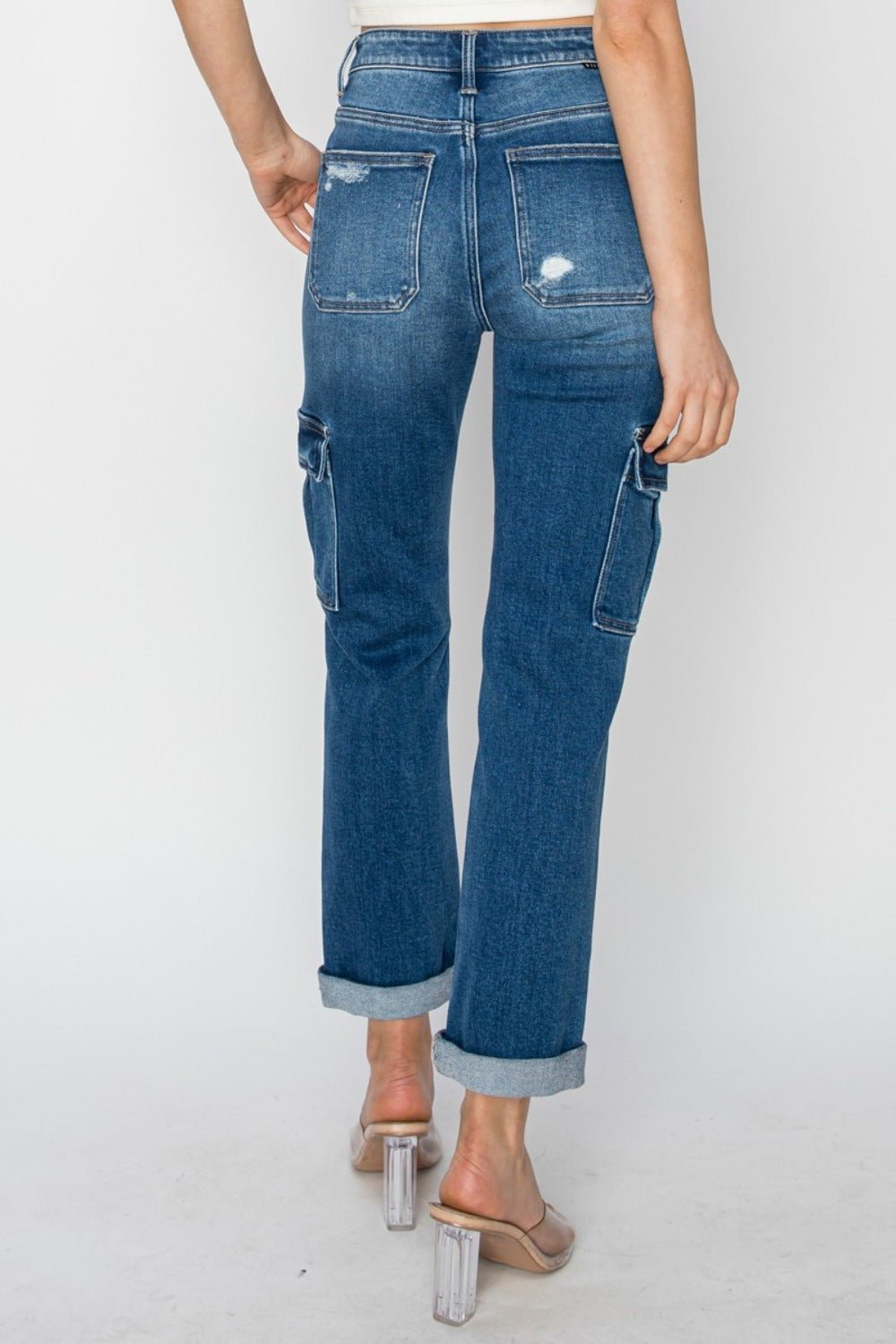 RISEN Full Size High Rise Cargo Ankle Roll Up Straight Jeans - Jeans - Dark - Bella Bourget