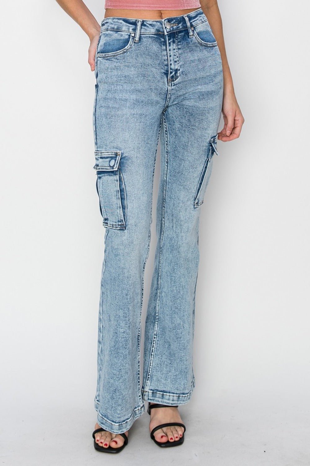 RISEN Full Size High Rise Cargo Flare Jeans - Jeans - Acid Medium - Bella Bourget