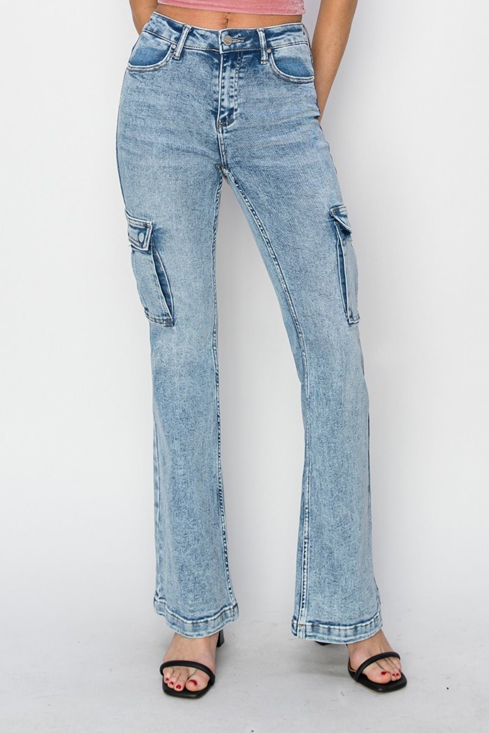 RISEN Full Size High Rise Cargo Flare Jeans - Jeans - Acid Medium - Bella Bourget