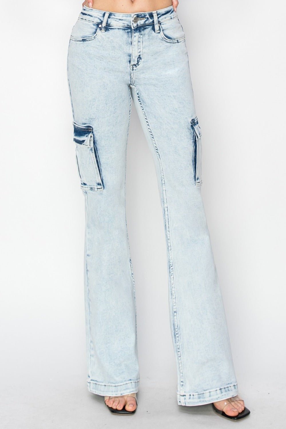 RISEN Full Size High Rise Cargo Flare Jeans - Jeans - Acid Light - Bella Bourget