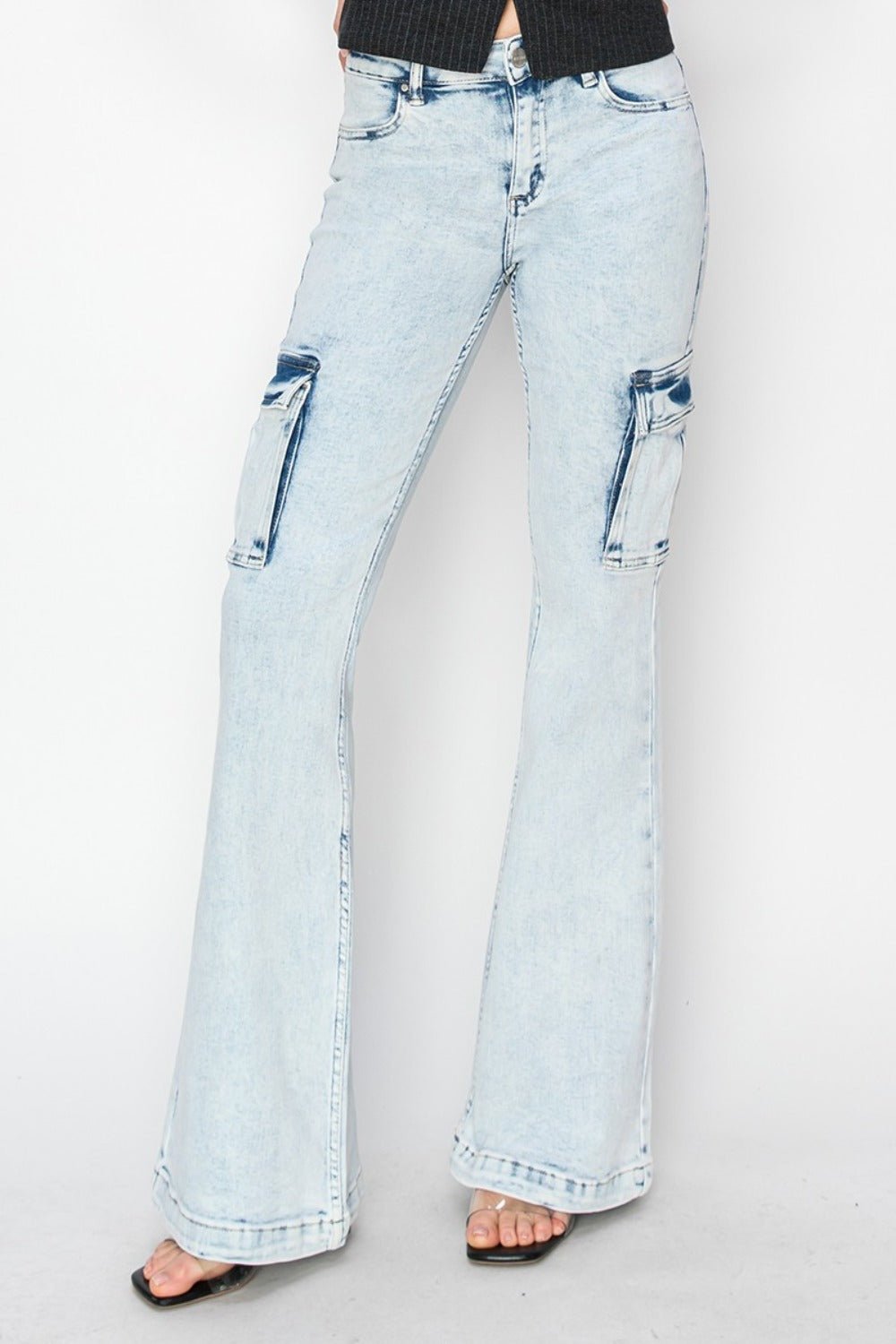 RISEN Full Size High Rise Cargo Flare Jeans - Jeans - Acid Light - Bella Bourget