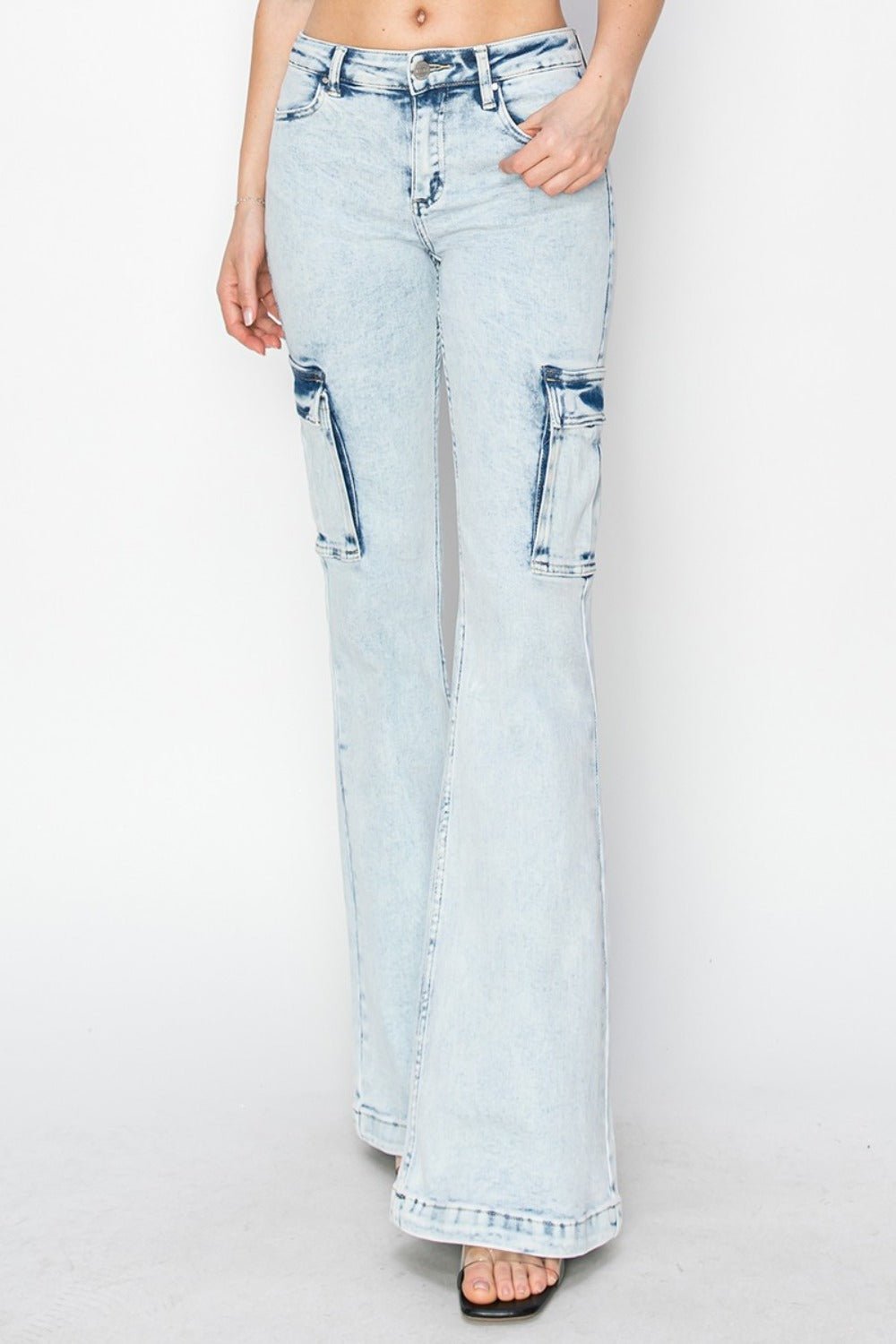 RISEN Full Size High Rise Cargo Flare Jeans - Jeans - Acid Light - Bella Bourget