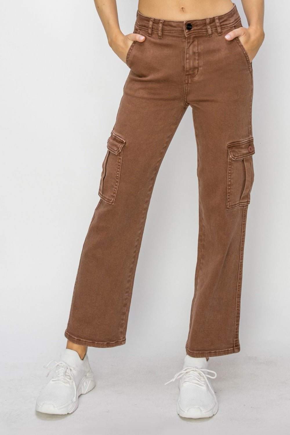 Risen Full Size High Rise Cargo Jeans - Jeans - Espresso - Bella Bourget