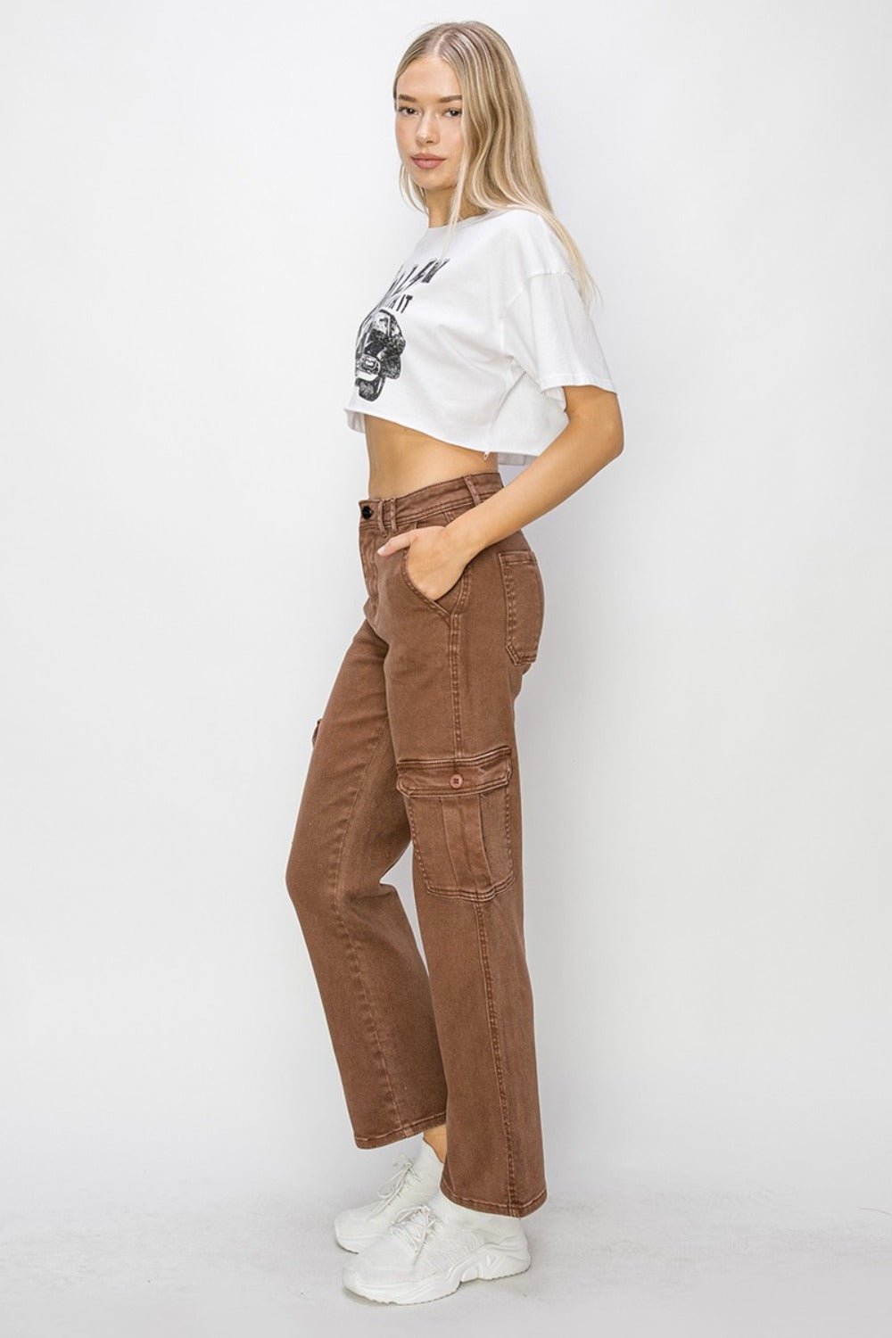 Risen Full Size High Rise Cargo Jeans - Jeans - Espresso - Bella Bourget