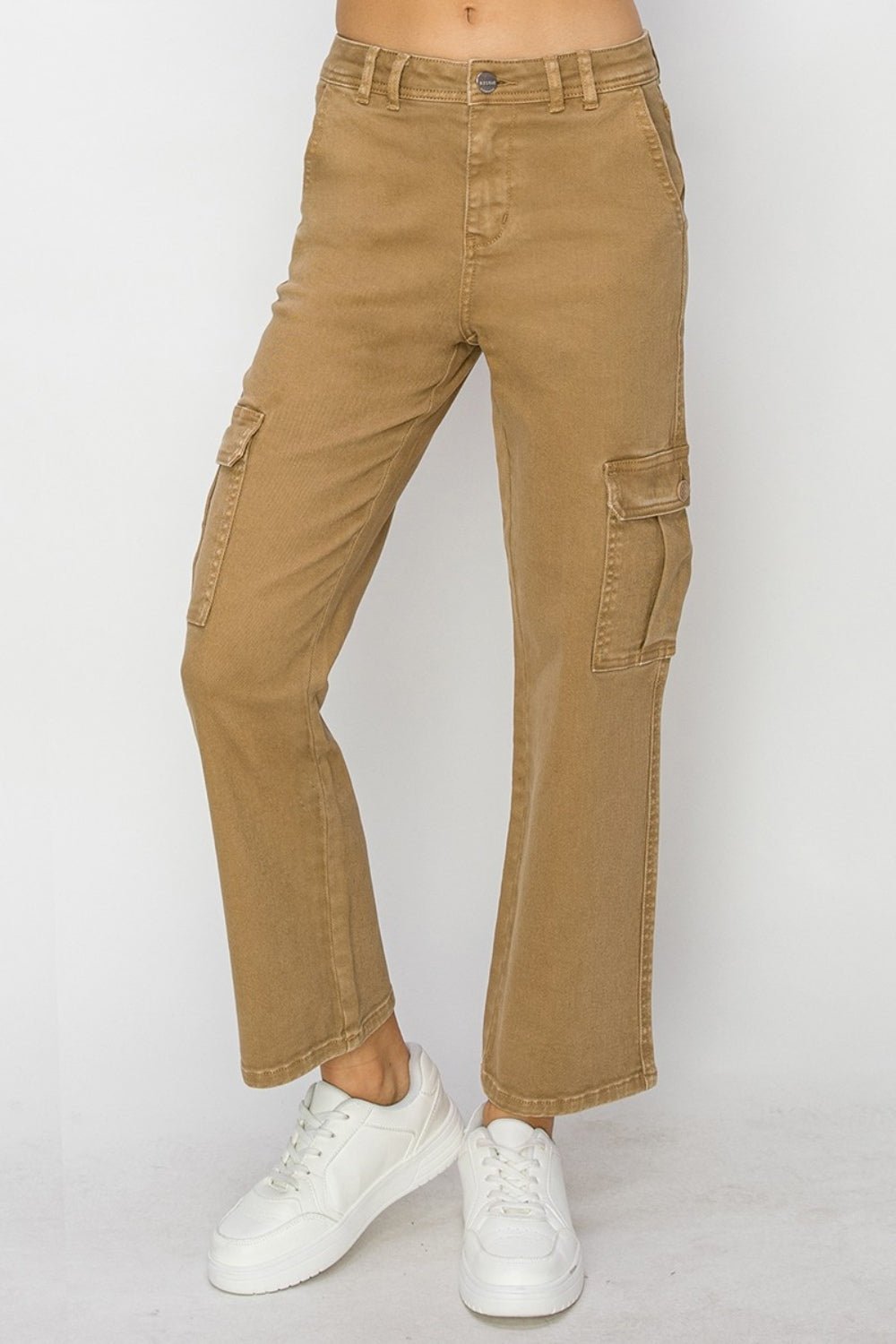 Risen Full Size High Rise Cargo Jeans - Jeans - Mocha - Bella Bourget