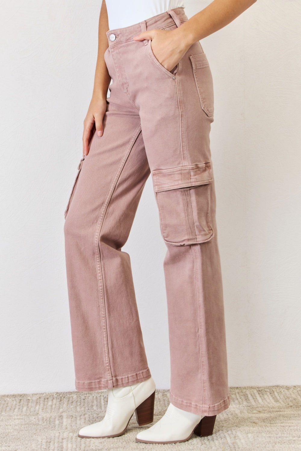 RISEN Full Size High Rise Cargo Wide Leg Jeans - Jeans - Mauve - Bella Bourget