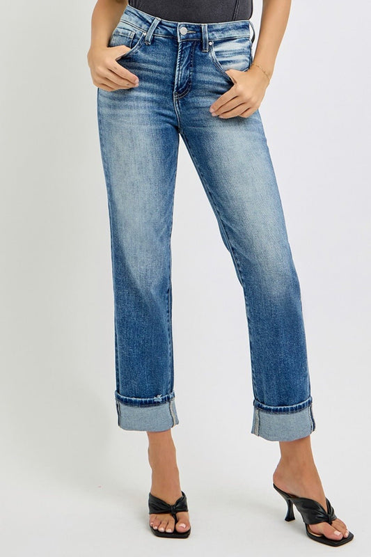 RISEN Full Size High Rise Crop Straight Roll Up Jeans - Jeans - Medium - Bella Bourget