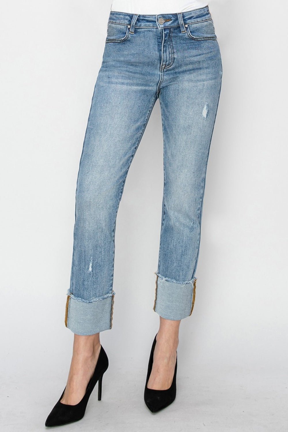 RISEN Full Size High Rise Cuffed Slim Straight Jeans - Jeans - Light - Bella Bourget