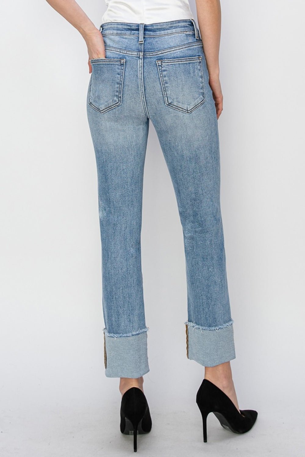 RISEN Full Size High Rise Cuffed Slim Straight Jeans - Jeans - Light - Bella Bourget