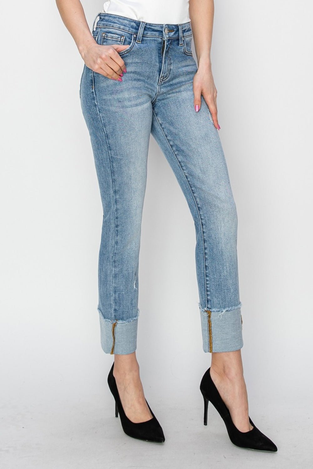 RISEN Full Size High Rise Cuffed Slim Straight Jeans - Jeans - Light - Bella Bourget