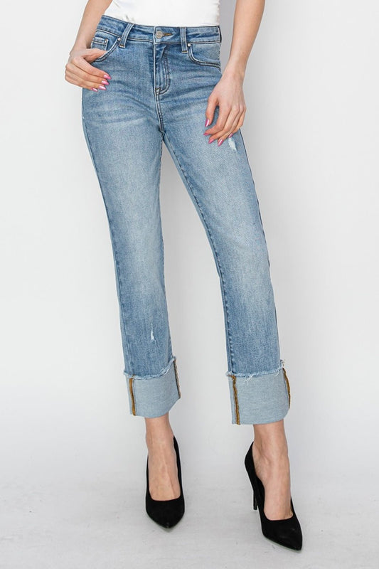 RISEN Full Size High Rise Cuffed Slim Straight Jeans - Jeans - Light - Bella Bourget