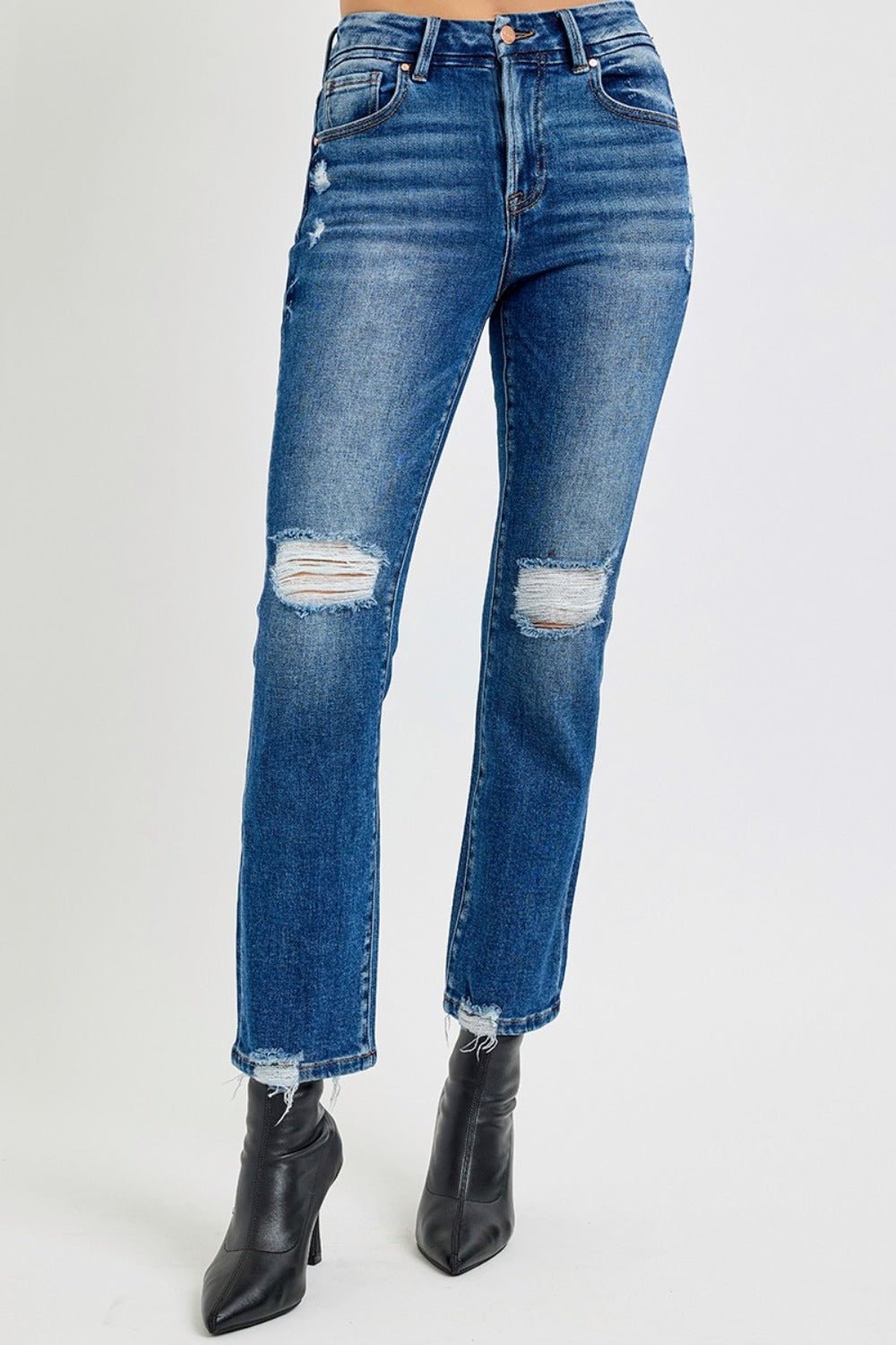 RISEN Full Size High Rise Distressed Crop Straight Jeans - Jeans - Dark - Bella Bourget