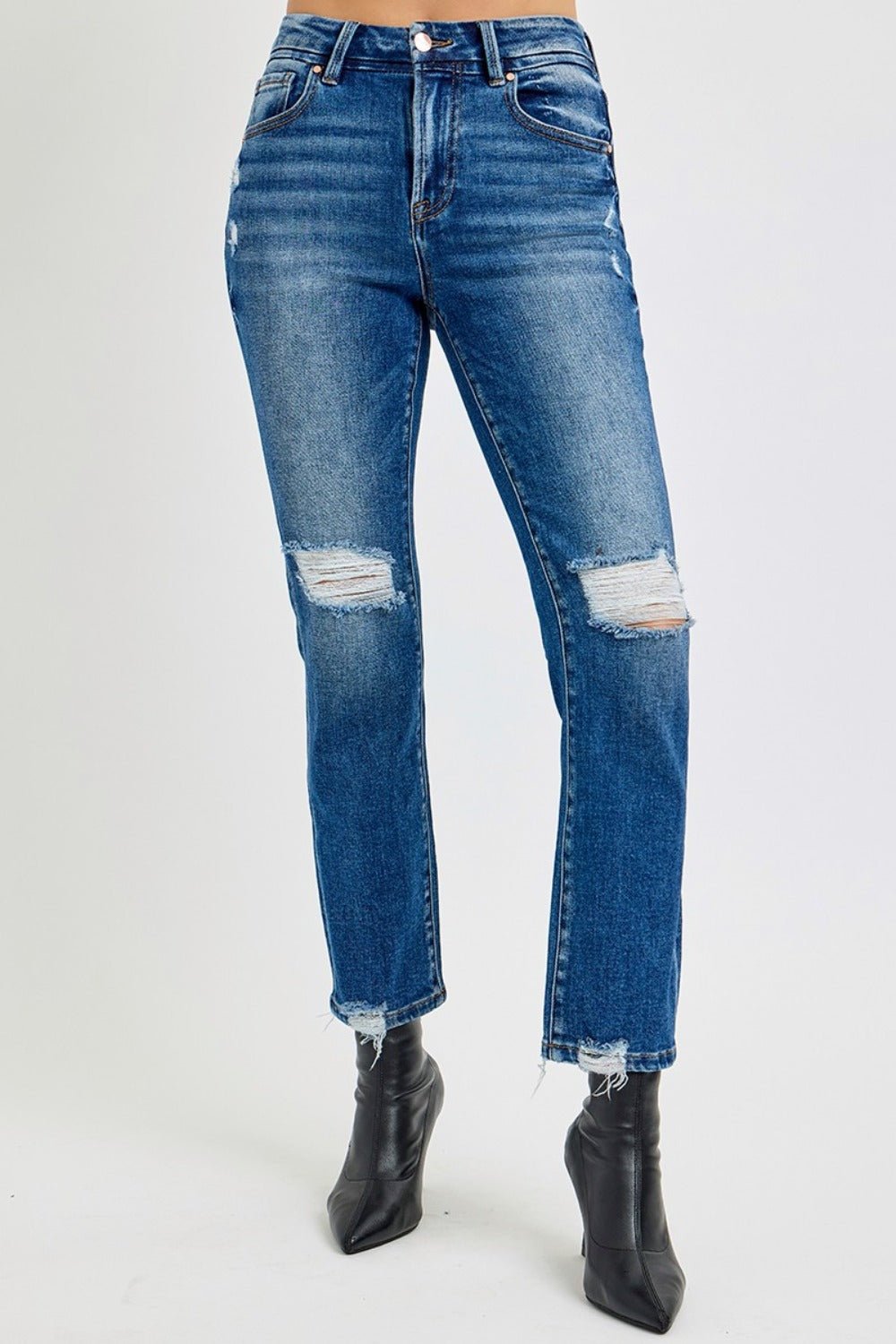 RISEN Full Size High Rise Distressed Crop Straight Jeans - Jeans - Dark - Bella Bourget