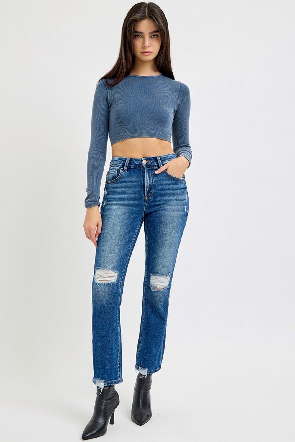 RISEN Full Size High Rise Distressed Crop Straight Jeans - Jeans - Dark - Bella Bourget