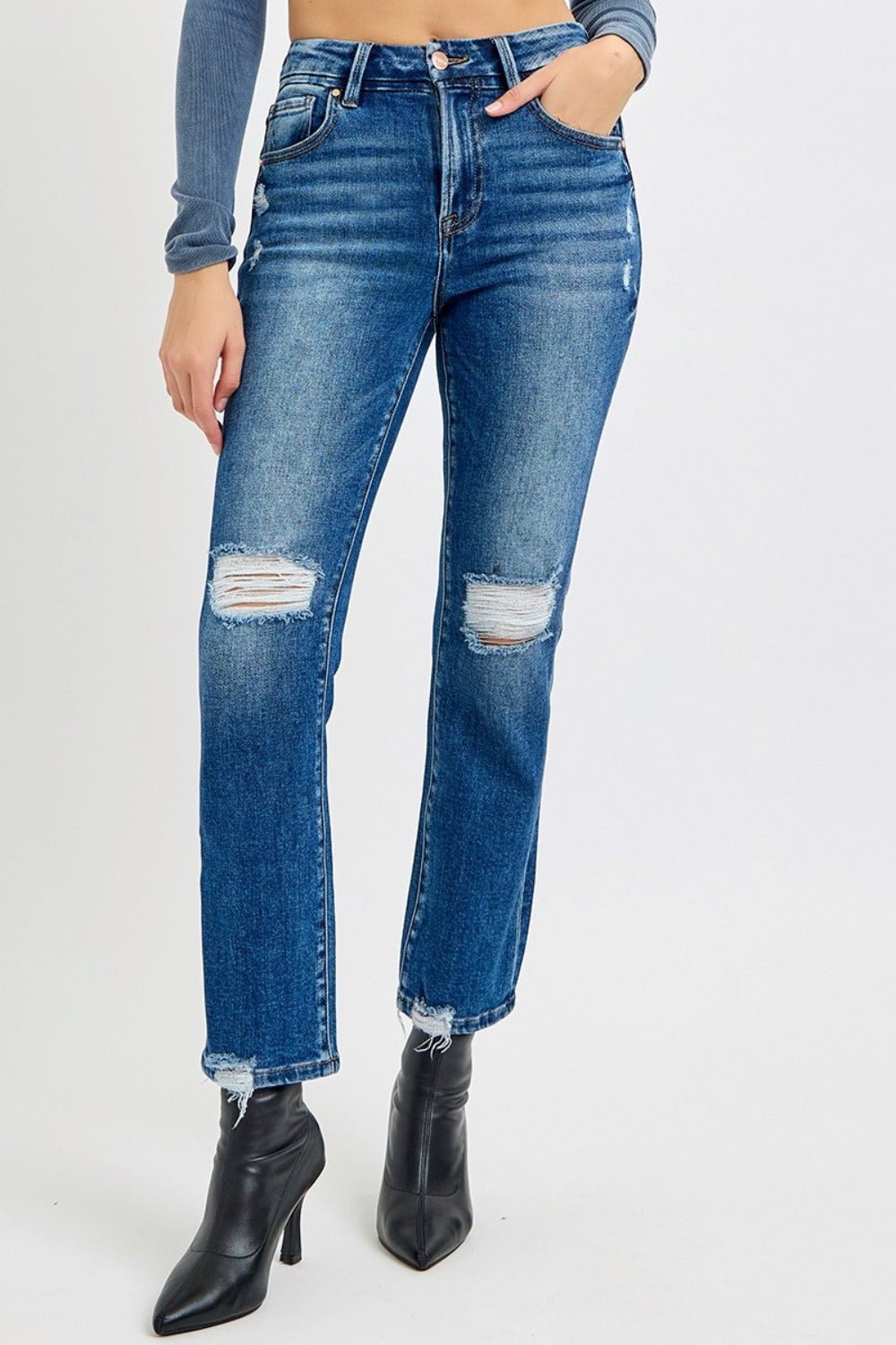 RISEN Full Size High Rise Distressed Crop Straight Jeans - Jeans - Dark - Bella Bourget