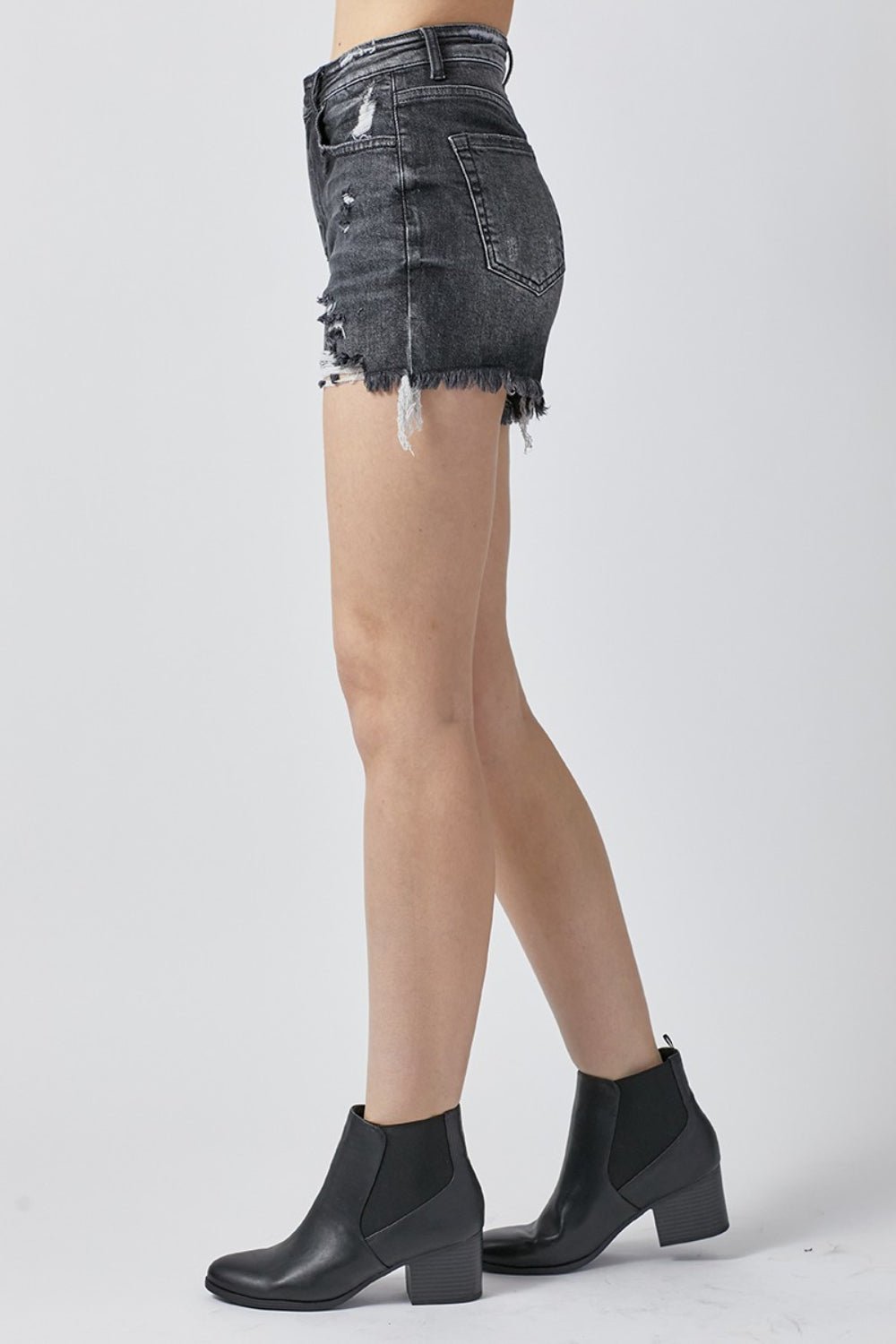 RISEN Full Size High Rise Distressed Denim Shorts - Shorts - Black - Bella Bourget