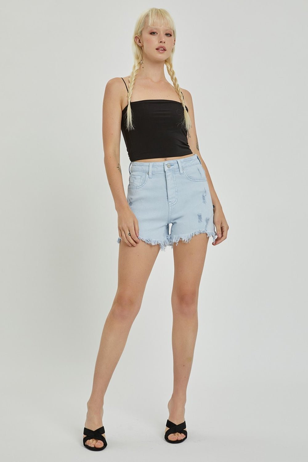 RISEN Full Size High Rise Distressed Detail Denim Shorts - Shorts - ICE BLUE - Bella Bourget