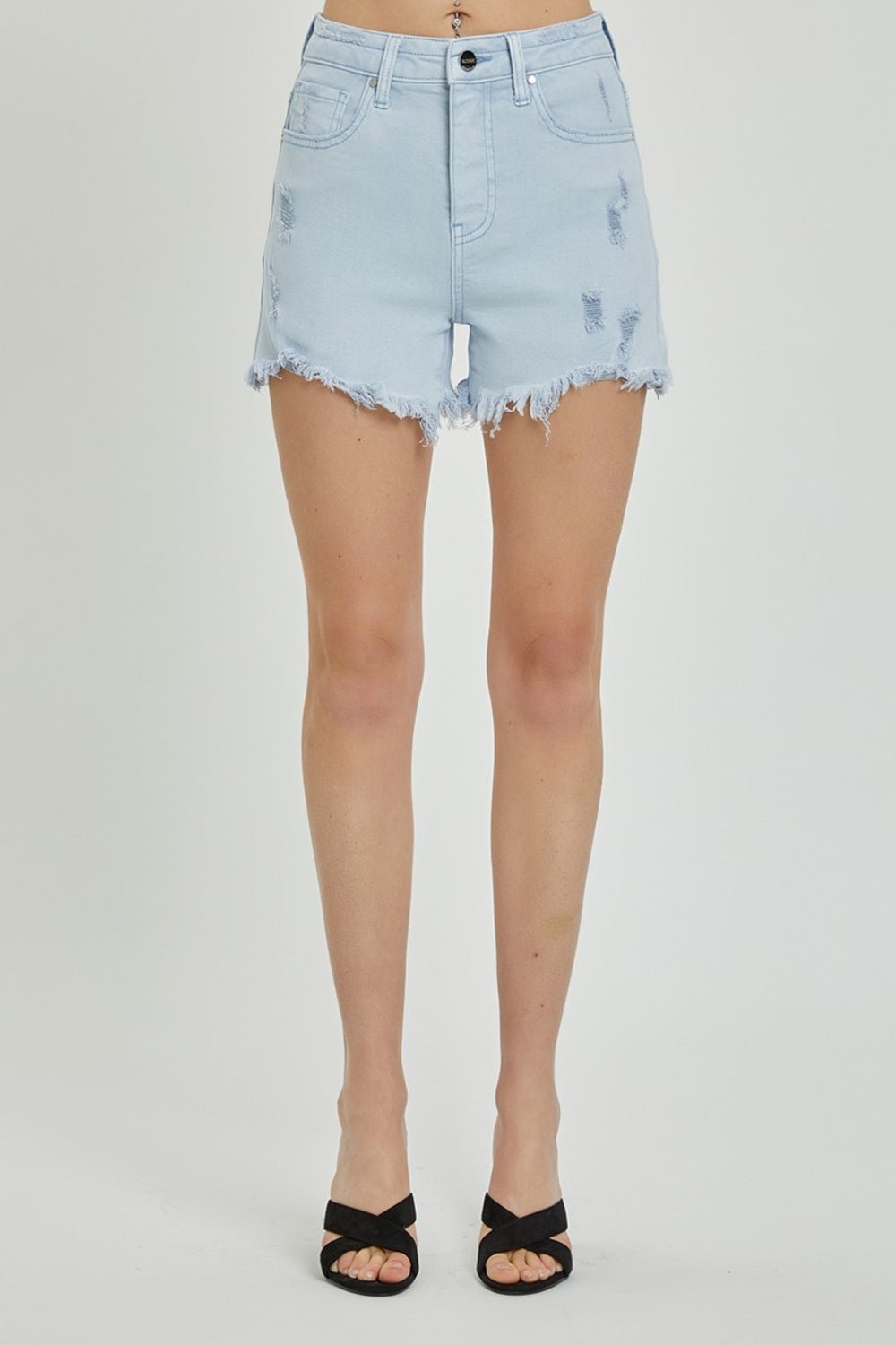 RISEN Full Size High Rise Distressed Detail Denim Shorts - Shorts - ICE BLUE - Bella Bourget