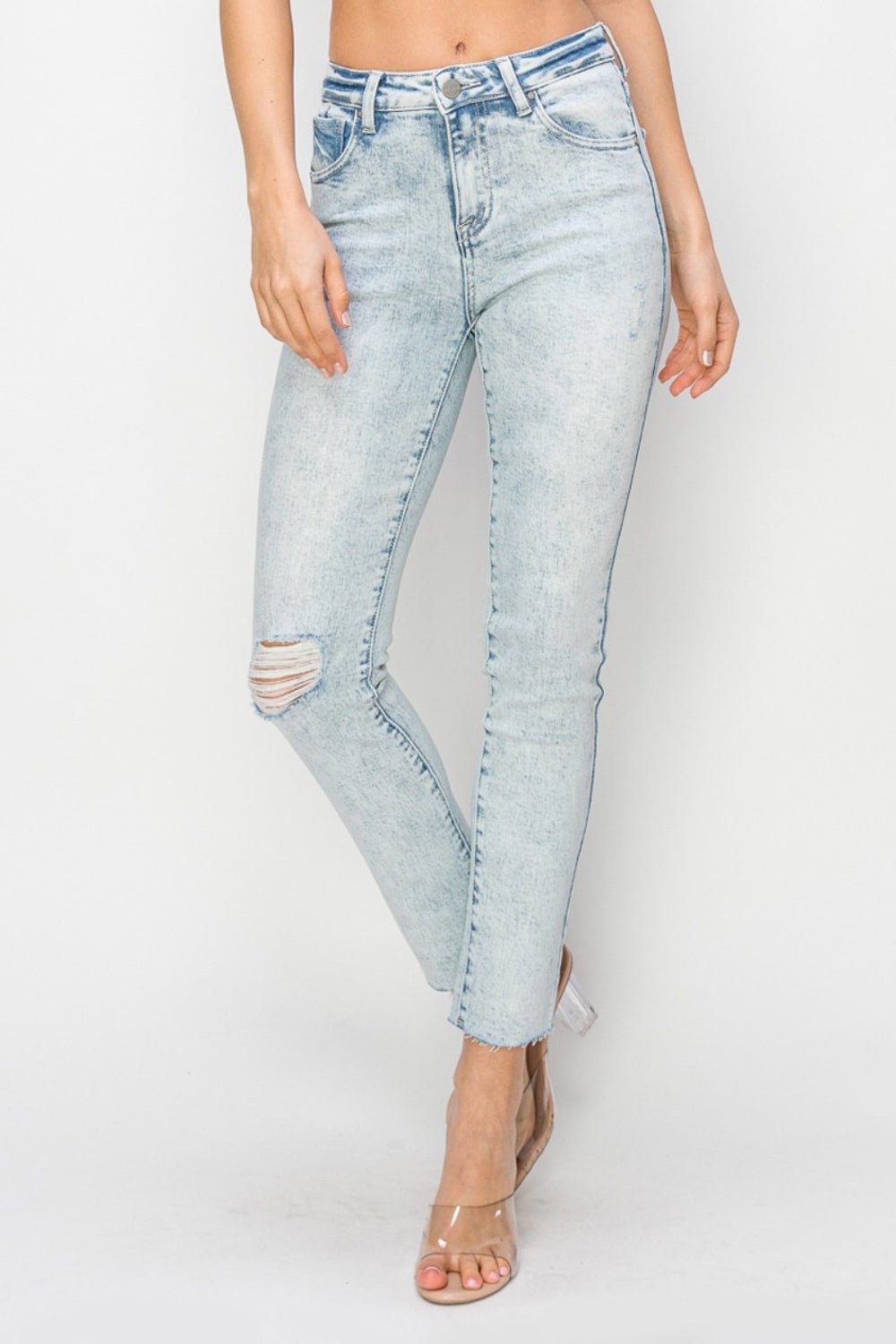 Risen Full Size High Rise Distressed Skinny Jeans - Jeans - Light - Bella Bourget