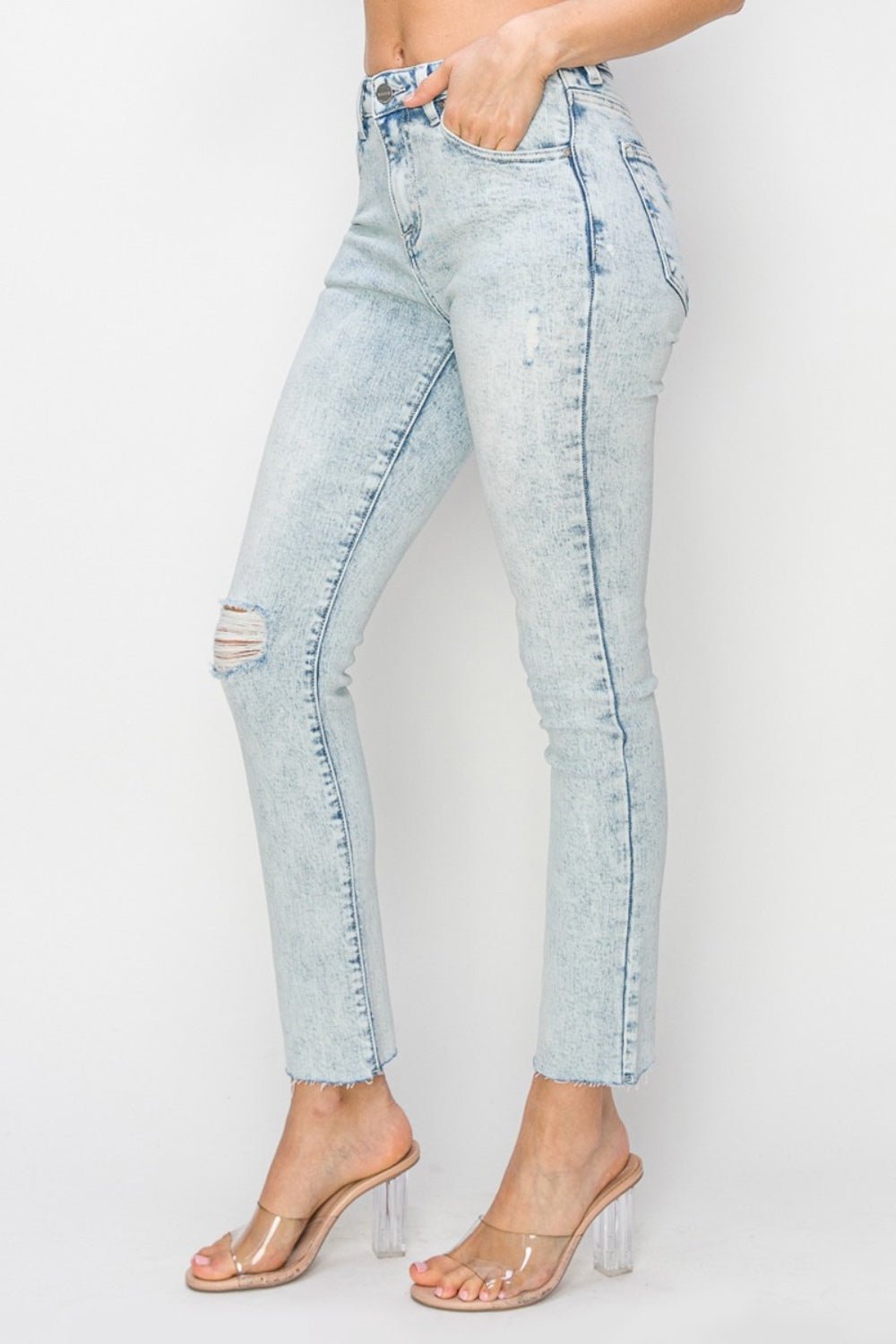 Risen Full Size High Rise Distressed Skinny Jeans - Jeans - Light - Bella Bourget