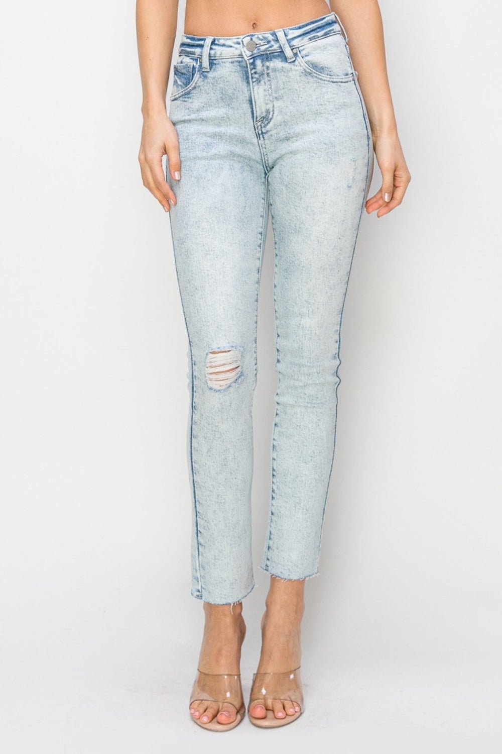 Risen Full Size High Rise Distressed Skinny Jeans - Jeans - Light - Bella Bourget