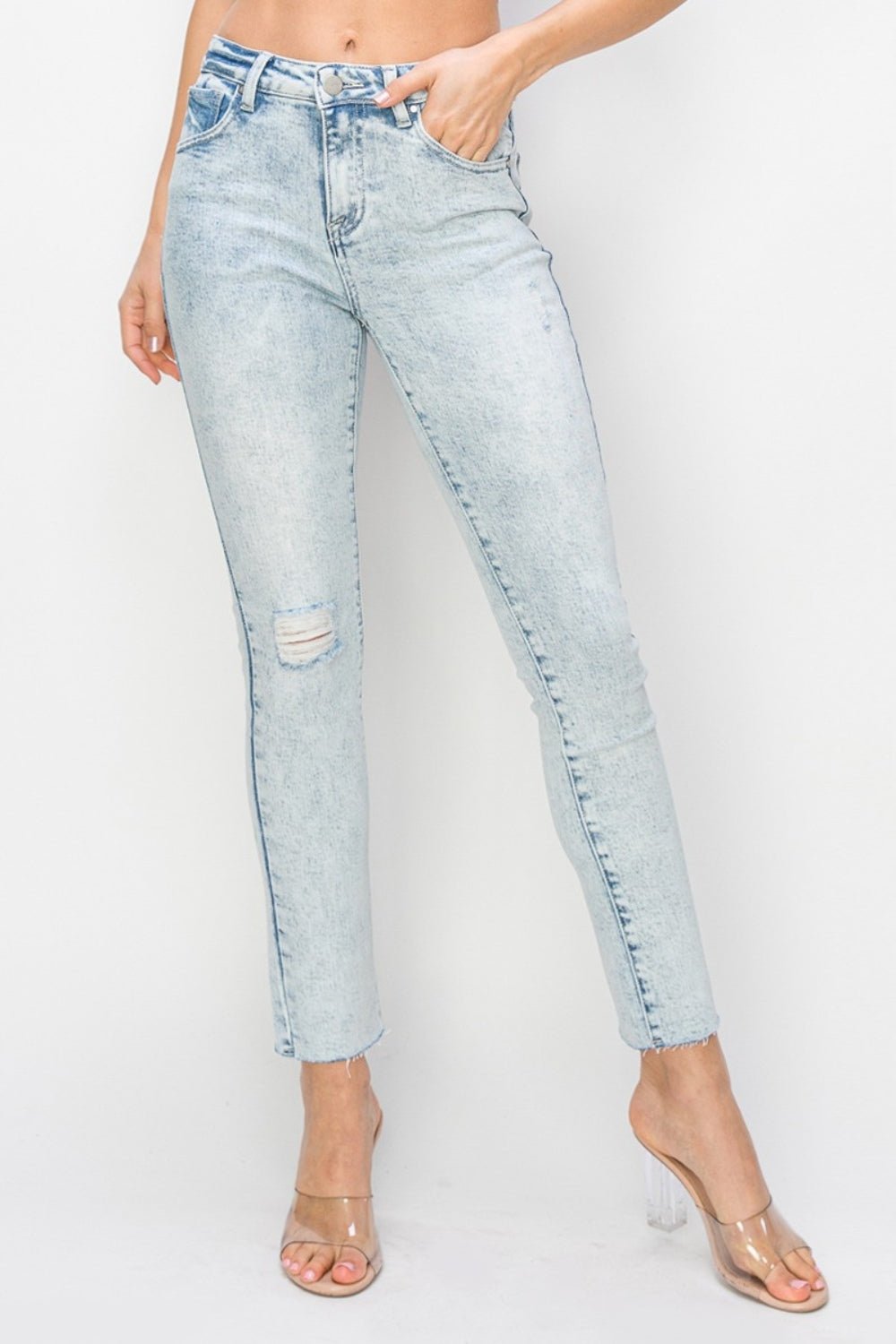 Risen Full Size High Rise Distressed Skinny Jeans - Jeans - Light - Bella Bourget