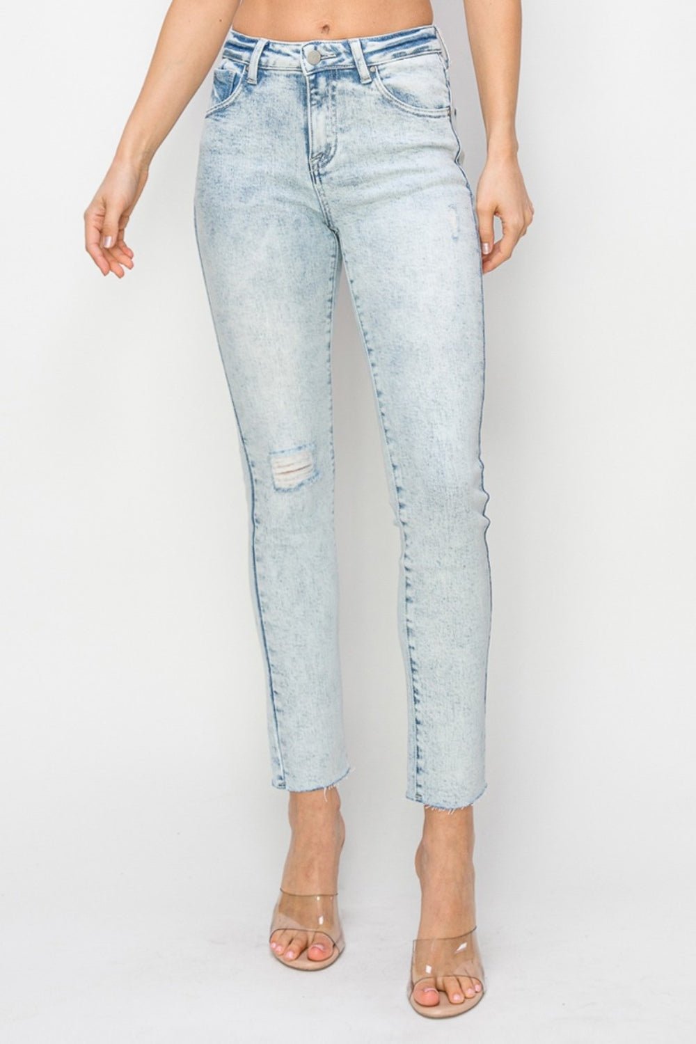 Risen Full Size High Rise Distressed Skinny Jeans - Jeans - Light - Bella Bourget