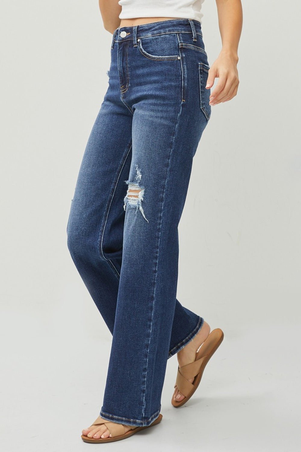 RISEN Full Size High Rise Distressed Wide Leg Jeans - Full Size Jeans - Dark - Bella Bourget