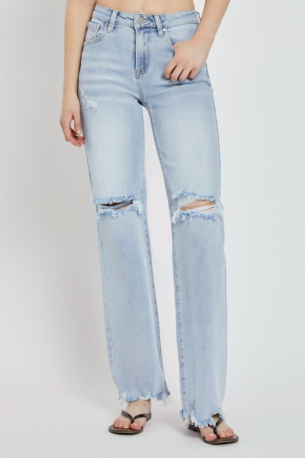 RISEN Full Size High Rise Distressed Wide Leg Jeans - Jeans - Light - Bella Bourget