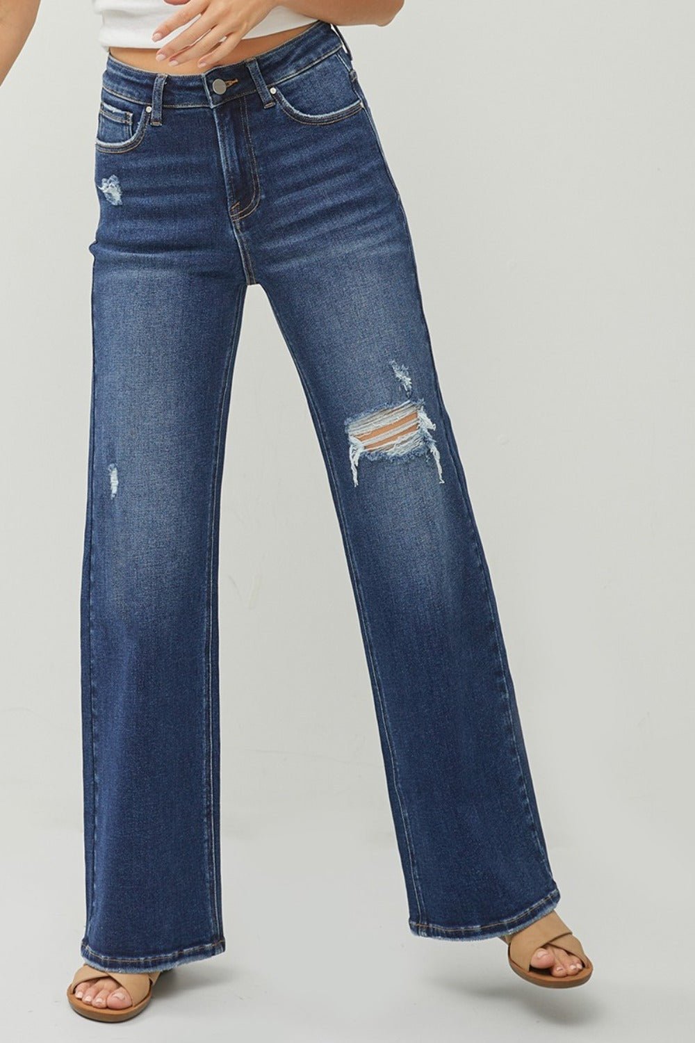 RISEN Full Size High Rise Distressed Wide Leg Jeans - Full Size Jeans - Dark - Bella Bourget