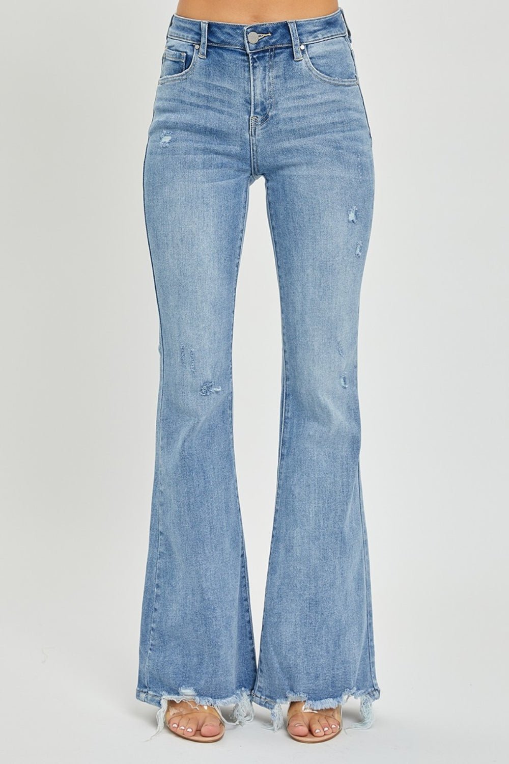 Risen Full Size High Rise Frayed Hem Flare Jeans - Jeans - Light - Bella Bourget