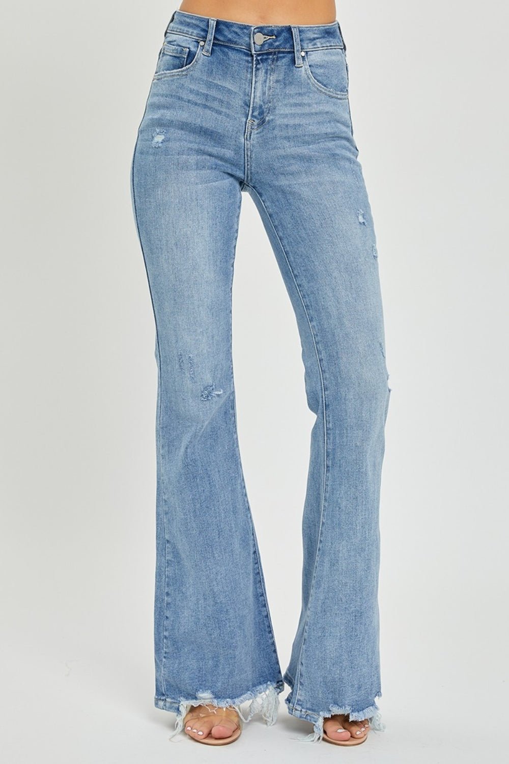 Risen Full Size High Rise Frayed Hem Flare Jeans - Jeans - Light - Bella Bourget