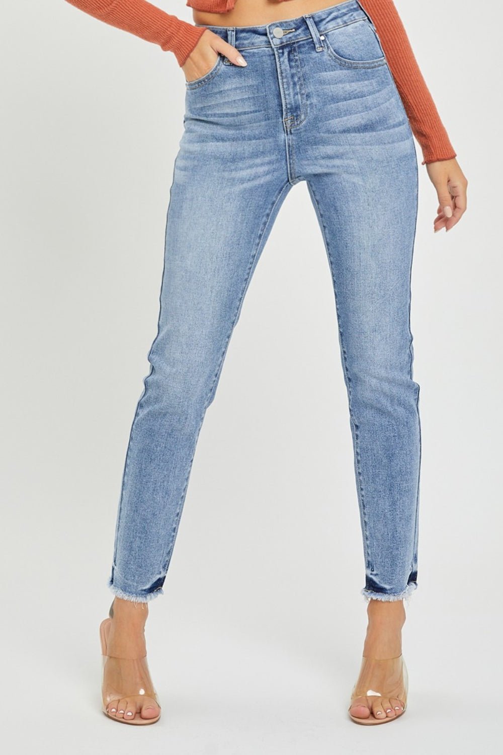 RISEN Full Size High Rise Frayed Hem Skinny Jeans - jeans - Medium - Bella Bourget