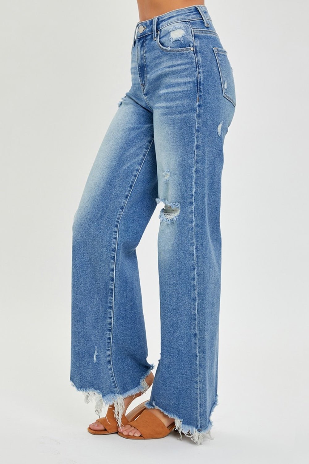 RISEN Full Size High Rise Frayed Hem Wide Leg Jeans - Jeans - Medium - Bella Bourget