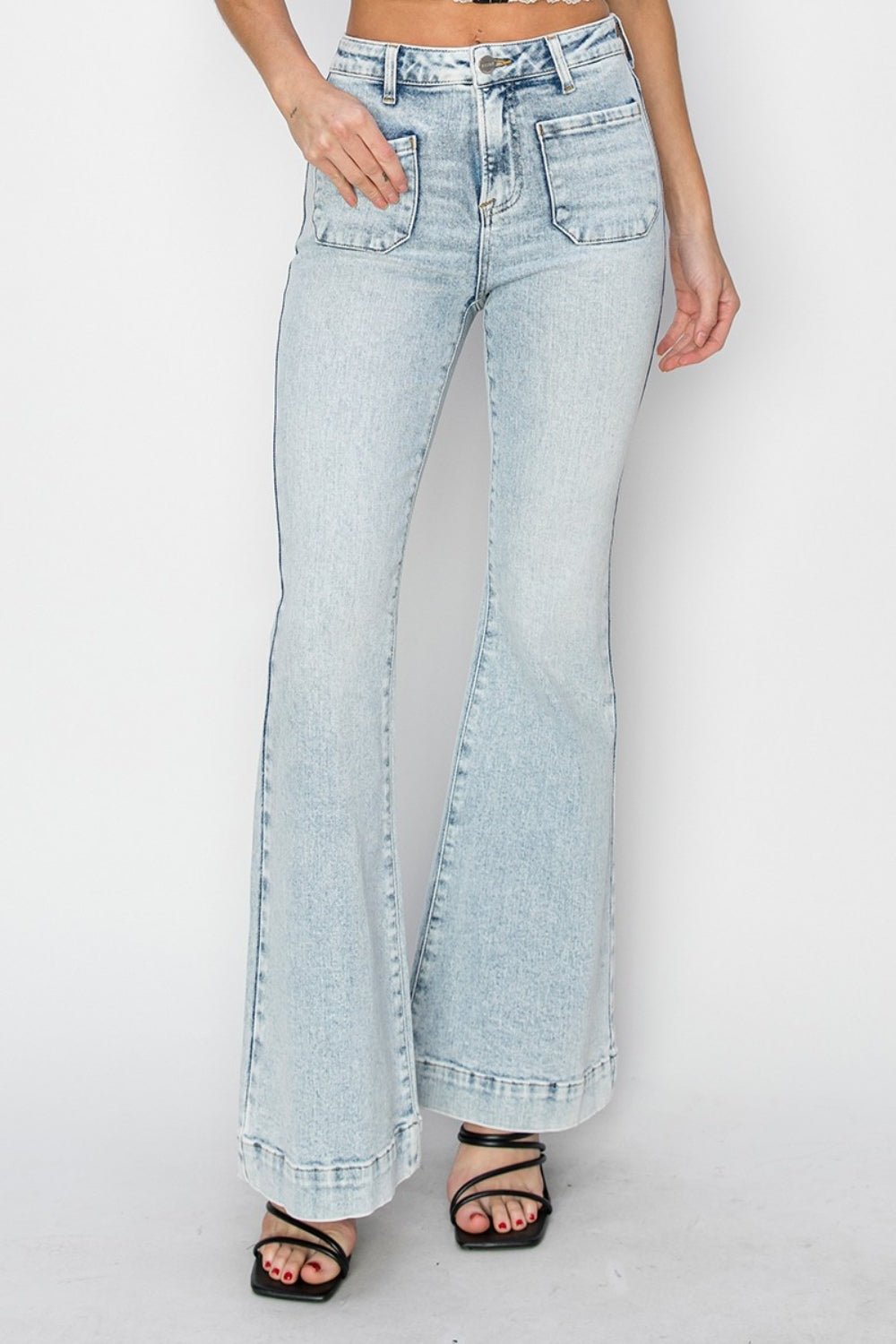 Risen Full Size High Rise Front Patch Pocket Flare Jeans - Jeans - Acid Light - Bella Bourget