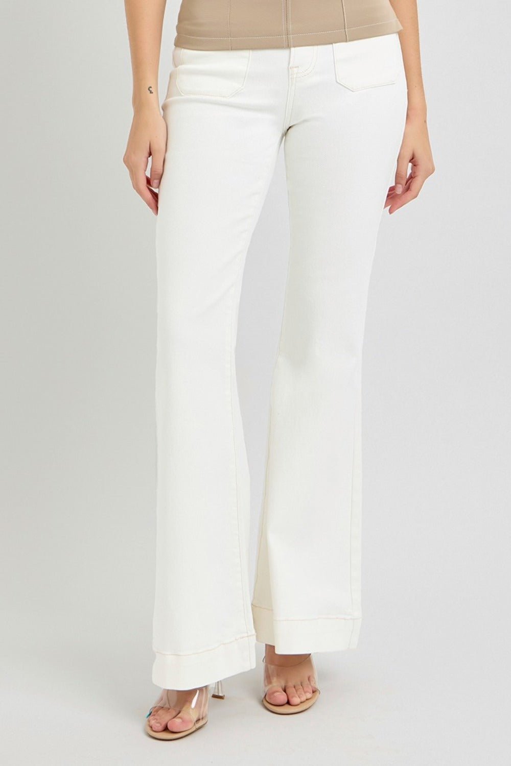 RISEN Full Size High Rise Front Patch Pocket Flare Jeans - Jeans - Cream - Bella Bourget