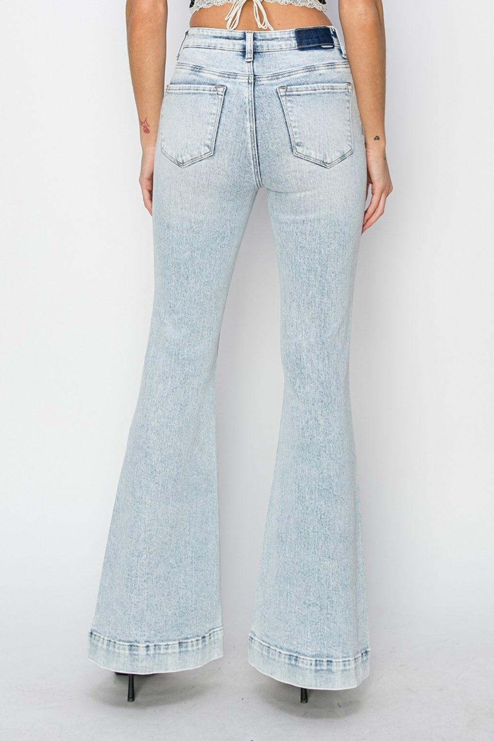 Risen Full Size High Rise Front Patch Pocket Flare Jeans - Jeans - Acid Light - Bella Bourget