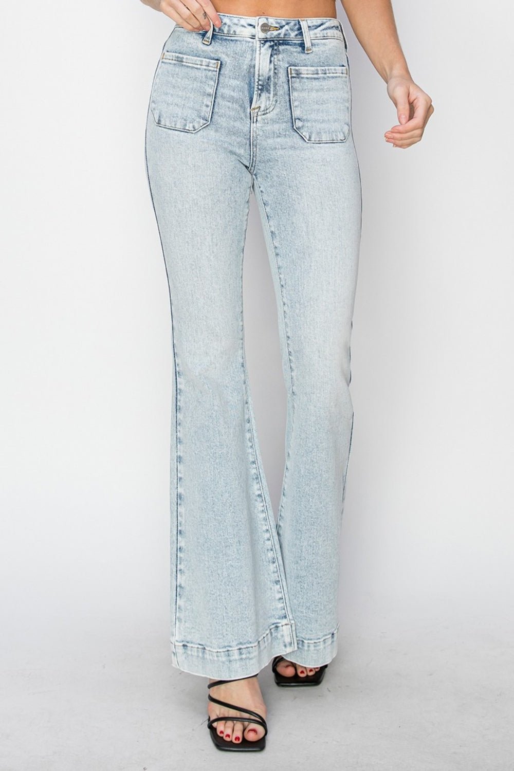 Risen Full Size High Rise Front Patch Pocket Flare Jeans - Jeans - Acid Light - Bella Bourget