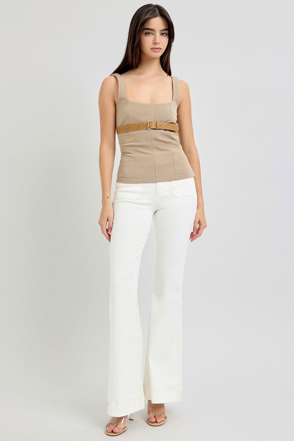 RISEN Full Size High Rise Front Patch Pocket Flare Jeans - Jeans - Cream - Bella Bourget