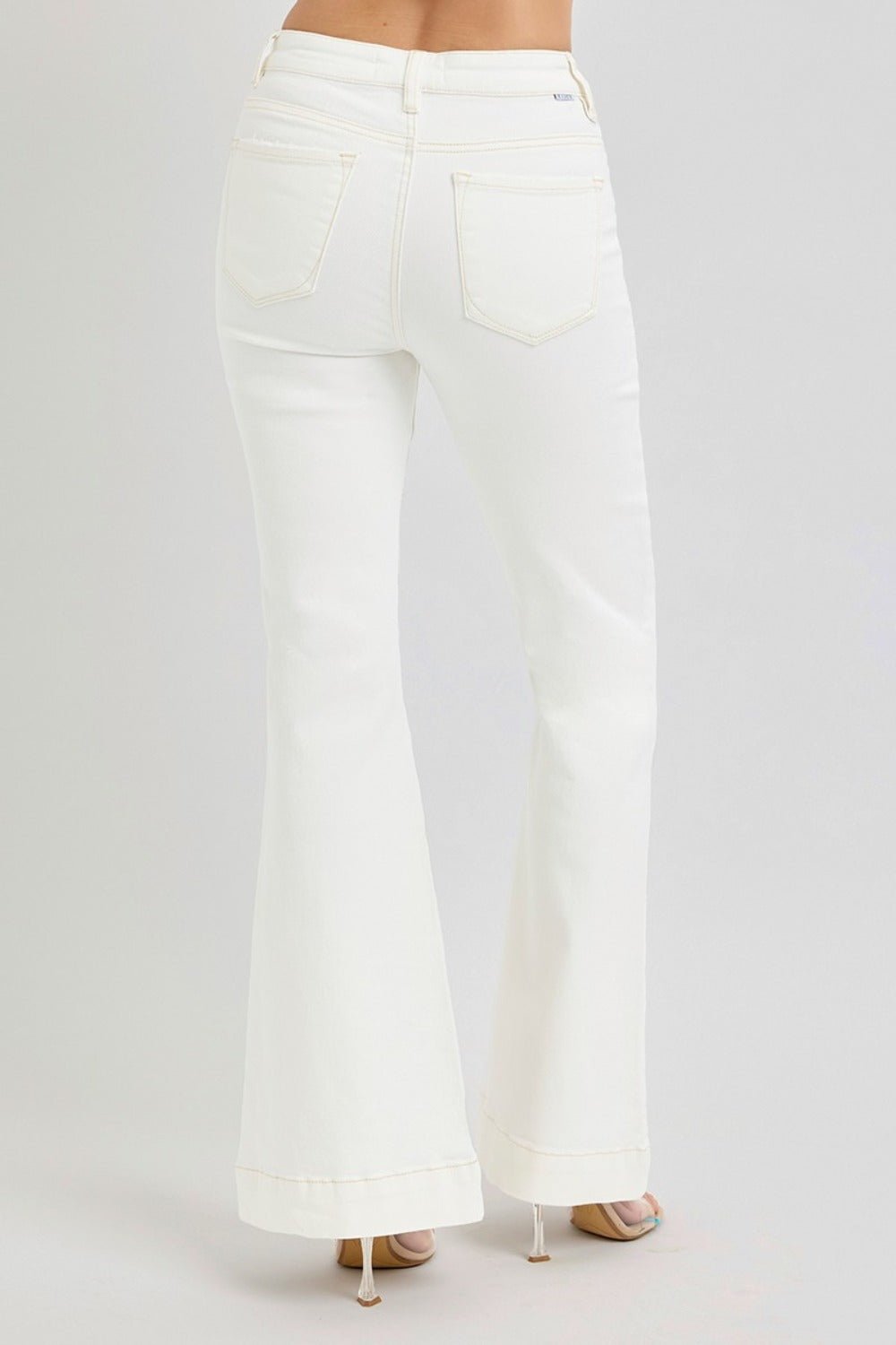 RISEN Full Size High Rise Front Patch Pocket Flare Jeans - Jeans - Cream - Bella Bourget