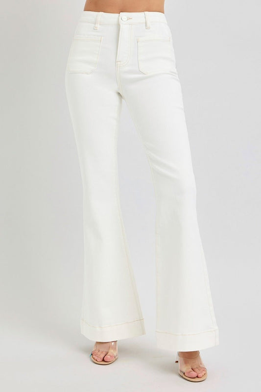 RISEN Full Size High Rise Front Patch Pocket Flare Jeans - Jeans - Cream - Bella Bourget