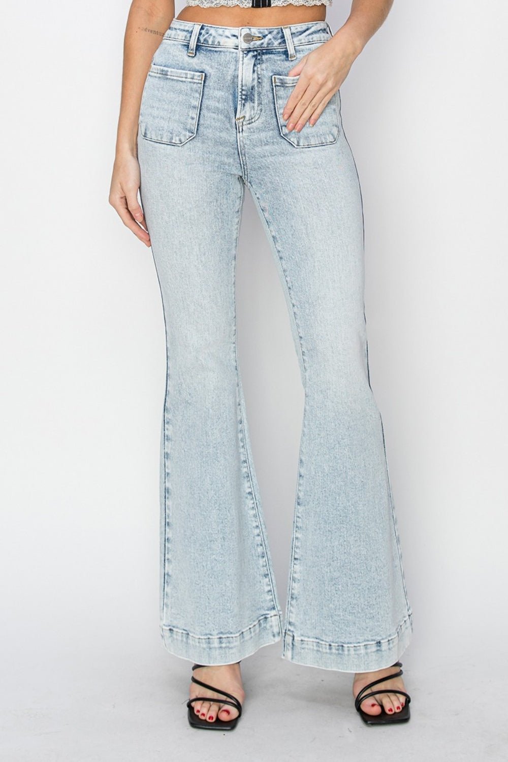 Risen Full Size High Rise Front Patch Pocket Flare Jeans - Jeans - Acid Light - Bella Bourget