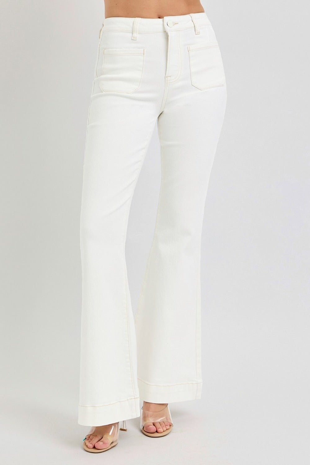 RISEN Full Size High Rise Front Patch Pocket Flare Jeans - Jeans - Cream - Bella Bourget