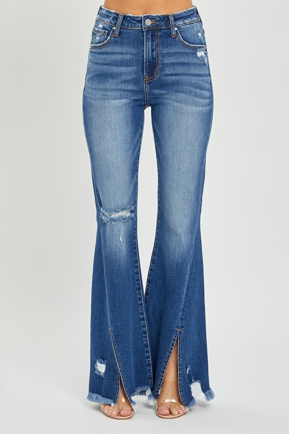 RISEN Full Size High Rise Front Slit Frayed Hem Flare Jeans - Jeans - Dark - Bella Bourget