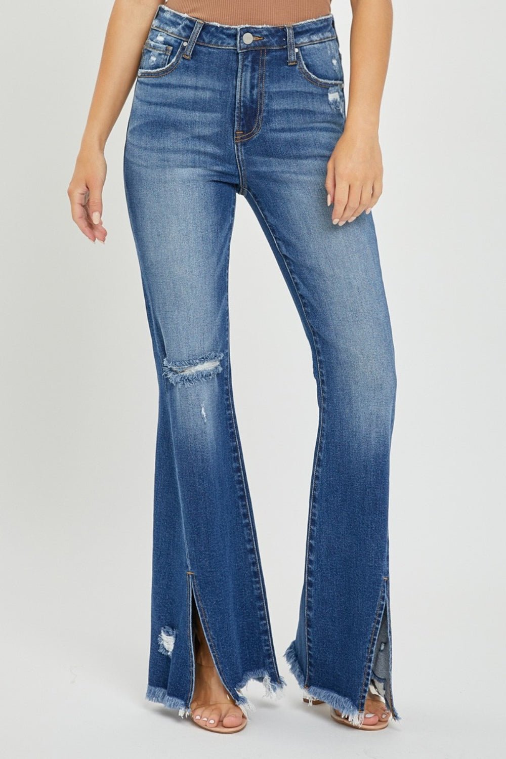 RISEN Full Size High Rise Front Slit Frayed Hem Flare Jeans - Jeans - Dark - Bella Bourget