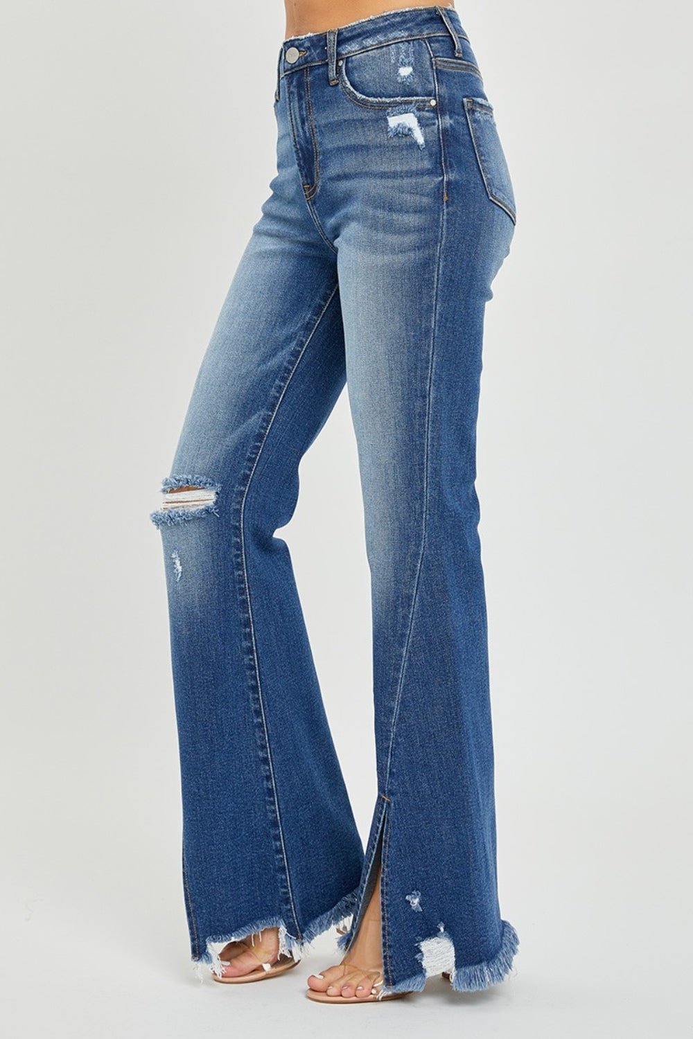 RISEN Full Size High Rise Front Slit Frayed Hem Flare Jeans - Jeans - Dark - Bella Bourget