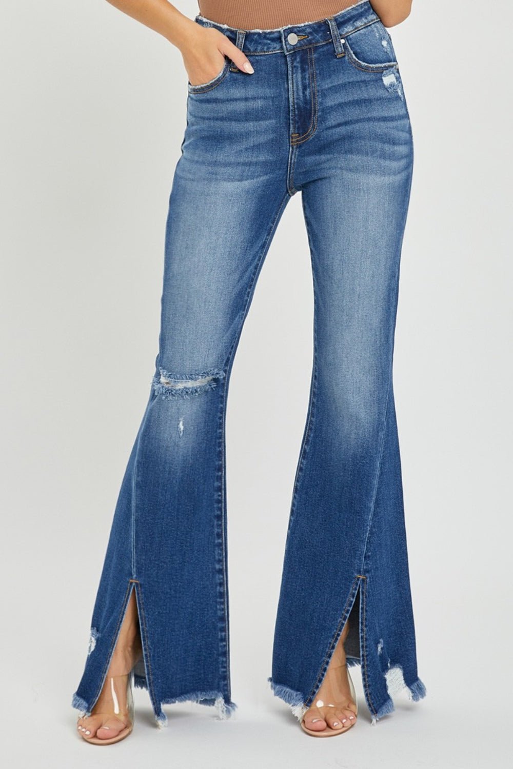 RISEN Full Size High Rise Front Slit Frayed Hem Flare Jeans - Jeans - Dark - Bella Bourget