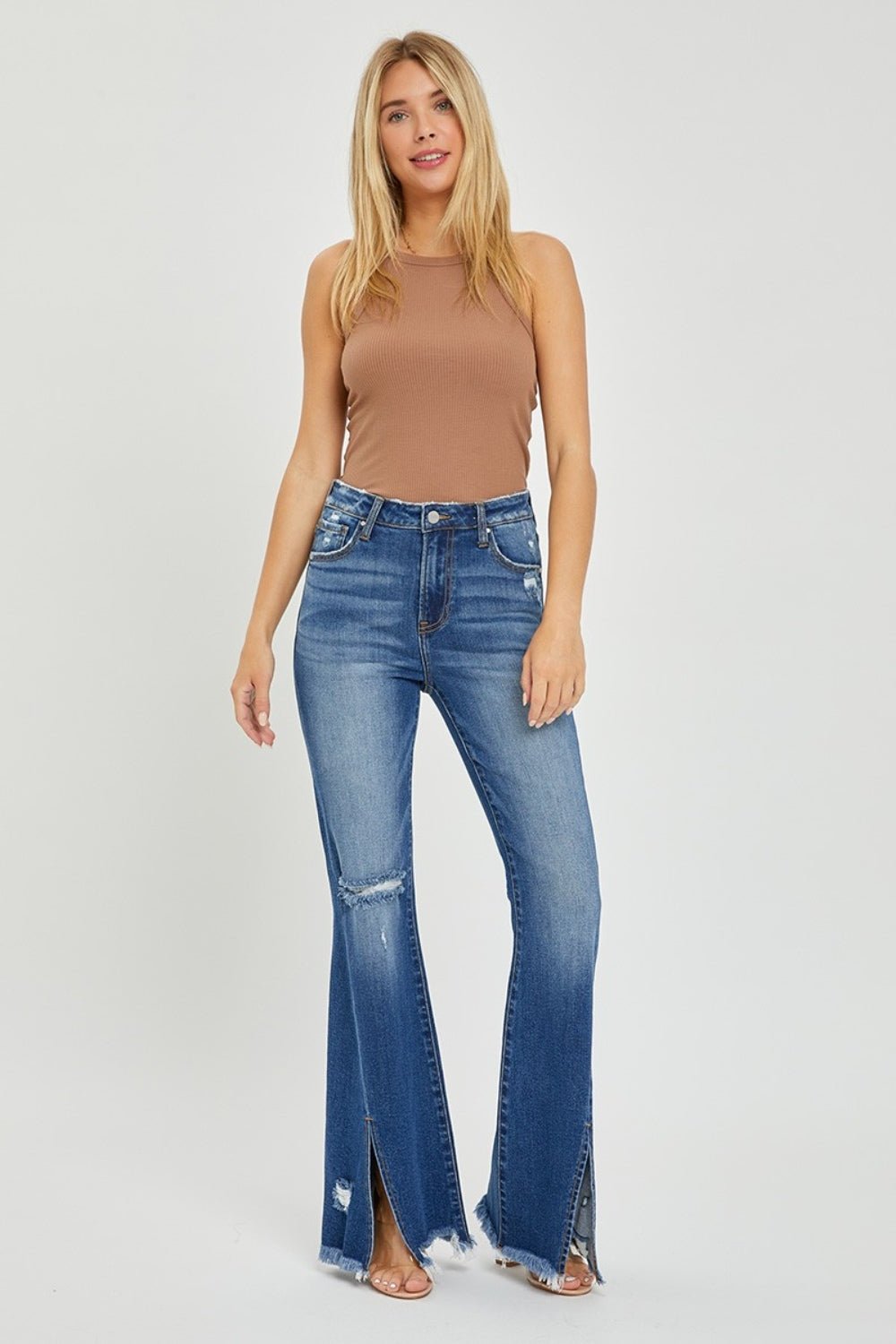 RISEN Full Size High Rise Front Slit Frayed Hem Flare Jeans - Jeans - Dark - Bella Bourget