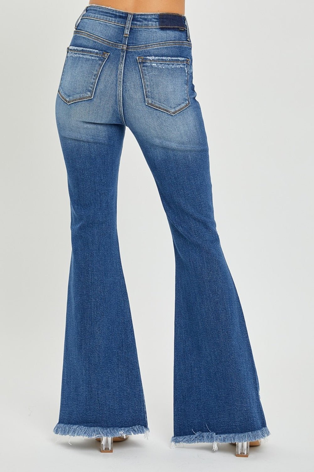 RISEN Full Size High Rise Front Slit Frayed Hem Flare Jeans - Jeans - Dark - Bella Bourget